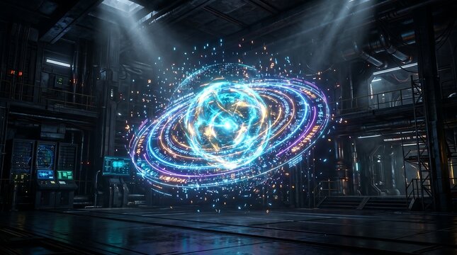 Futuristic glowing blue digital planet hologram with rotating rings floating in a dark high tech server room environment