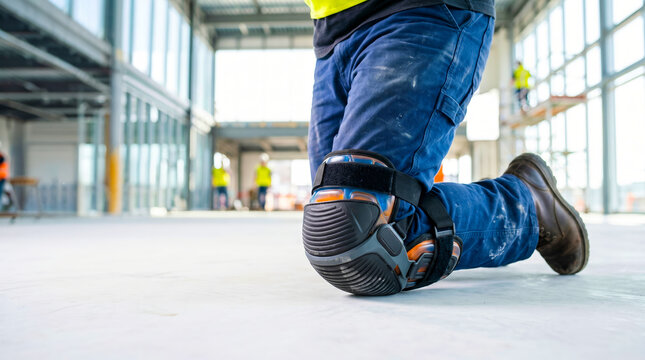 Construction worker kneeling on floor wearing articulated protective gear
