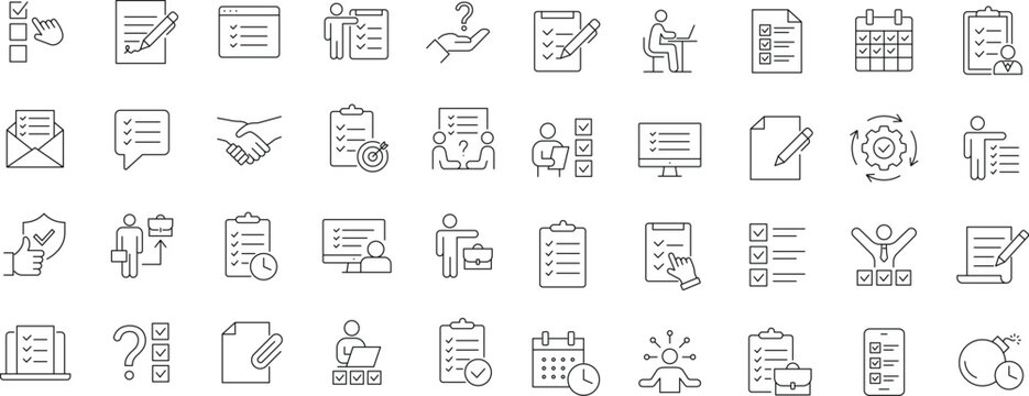 Task icon set. Editable line icons. Containing checklist, project, to-do list, job, workflow, clipboard, multitasking, assignment, business planning and more.