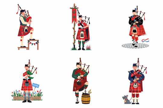 Collection of Scottish bagpipers in traditional kilt outfits performing in various poses and settings, flat vector illustration on white background.