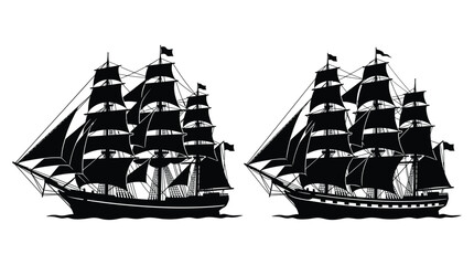 Sailing ship silhouette with flags black on white background © Vector Hub24