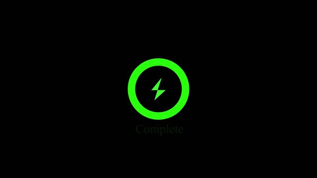 Fast battery charging animation with power icon isolated on a black background.4k Video,