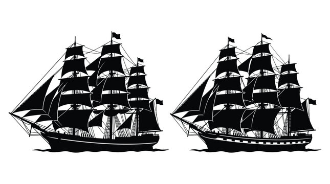 Sailing ship silhouette with flags black on white background