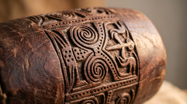 Detailed macro view of authentic Papuan tifa drum craftsmanship with natural wood grain and tribal carving texture for culture and heritage content.