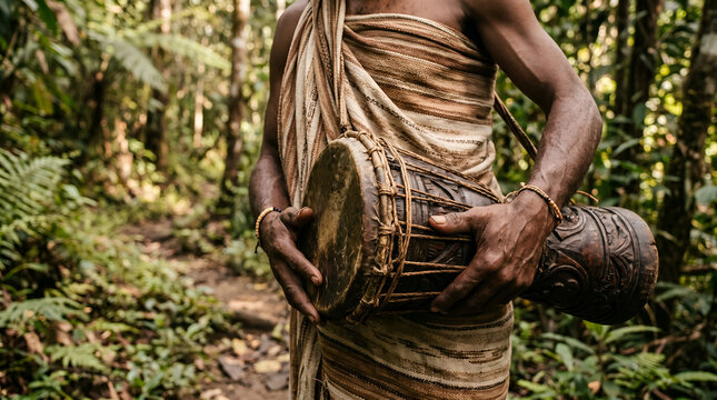 Authentic Papuan tifa drum carried outdoors in natural cultural setting. Ideal for tourism campaigns, education, heritage storytelling, and editorial design.