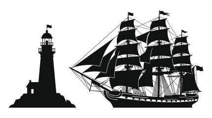 Sailing ship and lighthouse silhouette against a white background © Vector Hub24