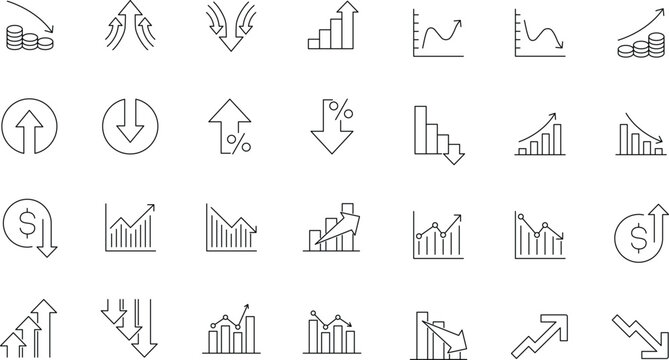 Increase and Decrease Icon set. Editable line icons. Business graphs related icons: analytics, statistic, chart, graph, arrow, growth and more.
