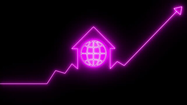 neon globe inside house outline with upward trending graph on black background, abstract concept for real estate growth global business success investment and economic progress .