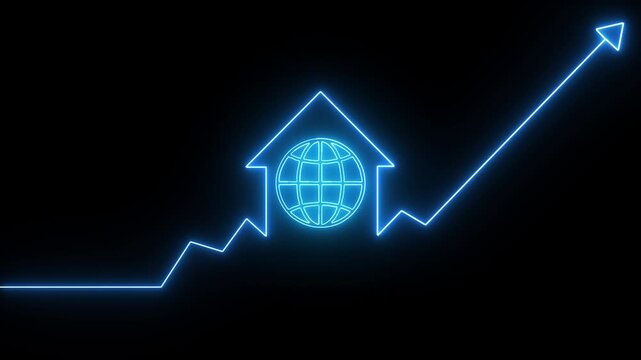 neon globe inside house outline with upward trending graph on black background Alpha Channel Keywords: globe, earth, world, house, home, roof, shape, pink, magenta, neon, glow, light, animation, motio