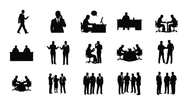 collection of business people silhouettes in various meeting and working scenarios silhouette high quality professional detailed modern elegant stylish clean crisp