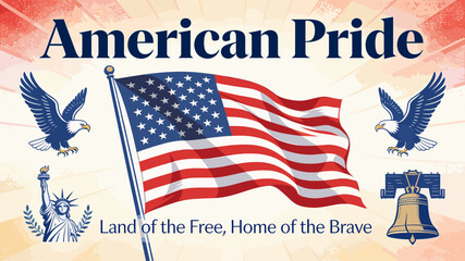American Pride: A vibrant illustration featuring the American flag, bald eagles, the Statue of Liberty, and the Liberty Bell, symbolizing freedom and patriotism. © Narutoab