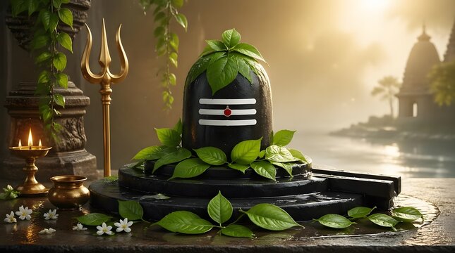 Sacred Black Shiva Lingam with Green Vines on Dark Stone Platform