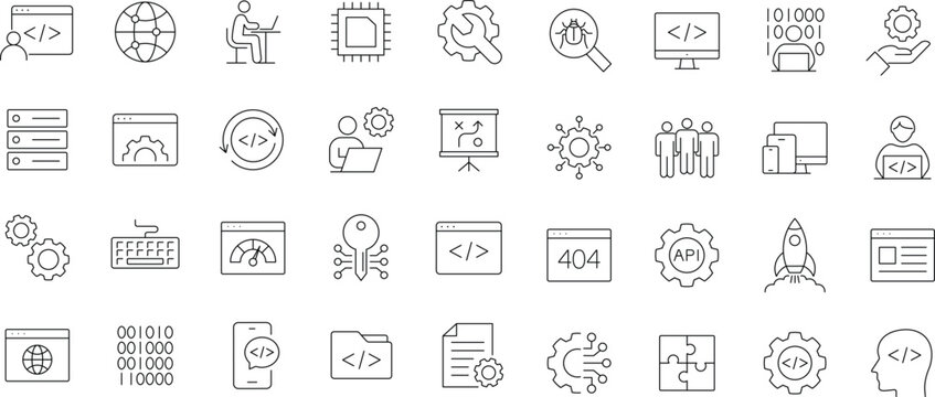 Web development icon set. Editable line icons. Containing code, API, programmer coding, app, flow, node connect, web coder, bug fix, software and more.