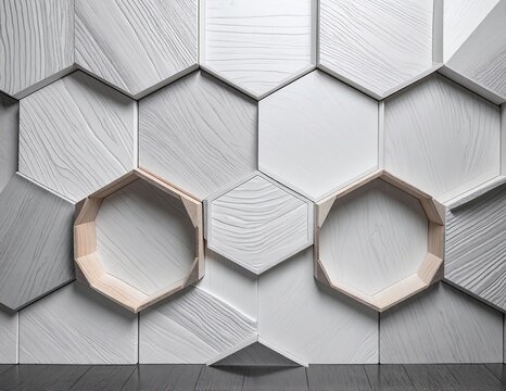 a modern wall with geometric hexagon panels and minimalist wooden shelves displaying decor items