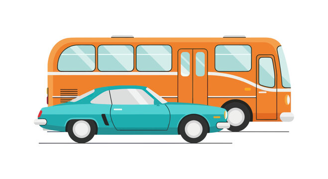 Retro Turquoise Car and Orange Bus on White Background