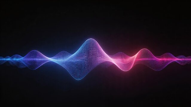 Abstract digital sound wave visualization with glowing blue and pink particles on black background representing audio frequency music technology and data flow