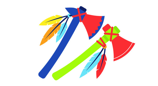 Two colorful tomahawk axes with feathers on a white background