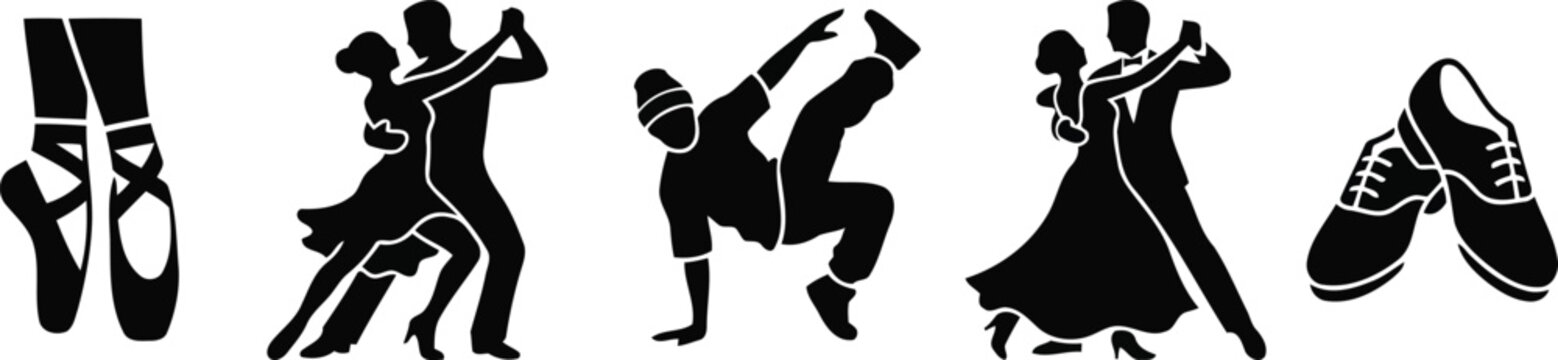 Black silhouettes of dancing people and shoes