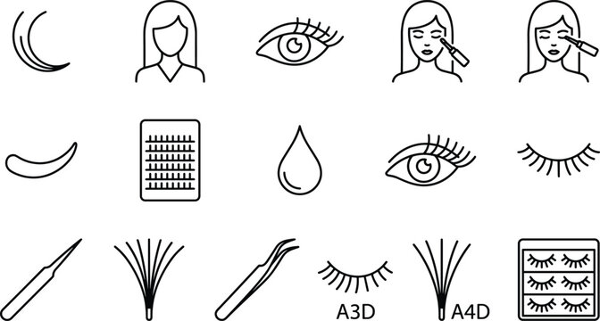 Eyelash extension vector icon set featuring beauty salon procedure tools false lashes and cosmetic eye makeup elements.