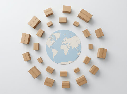 Cardboard boxes arranged in a circle around a stylized globe illustration