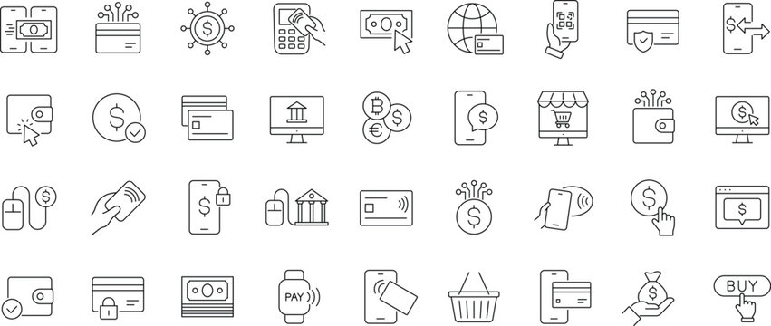 Online payment icon set. Editable line icons. Containing e-wallet, banking, credit card, cash, transaction, cashless pay, purchase, online shopping, e-commerce and more.