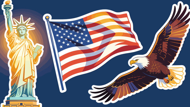 Iconic American symbols: Statue of Liberty, US flag, and bald eagle illustration on a dark blue background.