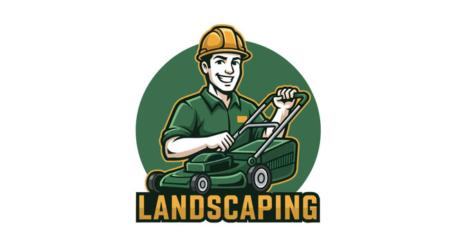Smiling male landscaper in hard hat with lawnmower for landscaping services logo.