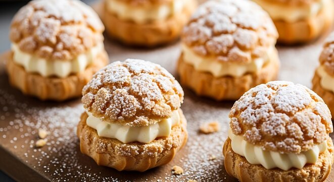 Delicious cream puffs on wooden board.