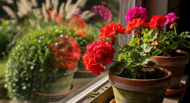 Vibrant red geraniums in terracotta pots basking in sunlight on a window sill