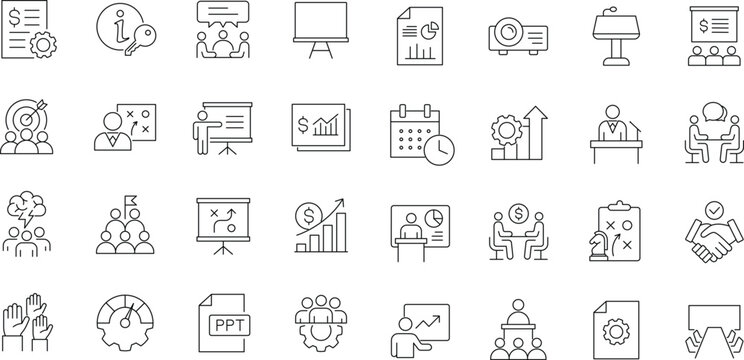 Business presentation icon set. Editable line icons. Containing seminar, meeting, whiteboard, conference, business people, business plan, keynote, audience, briefing and more.
