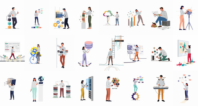 Collection of flat vector illustrations depicting professional people working in technology, software development, data science, cloud computing, and digital infrastructure.