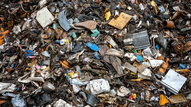 A detailed, high-contrast close-up of a massive industrial waste pile, showcasing diverse discarded materials and textures under bright light.