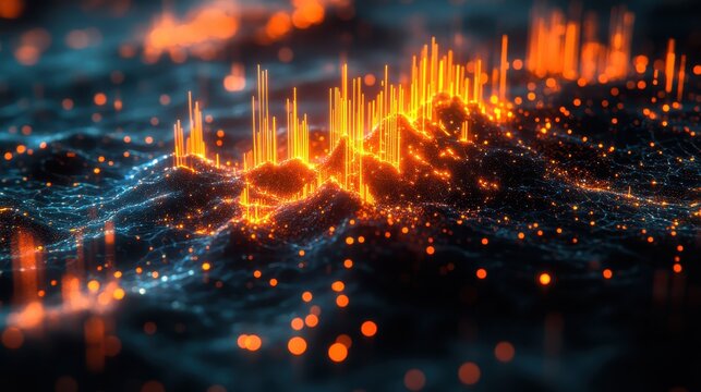 Abstract digital data visualization with glowing orange energy spikes and particles, representing global financial networks and technological advancement.