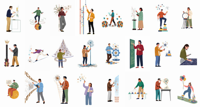 Large collection of flat vector illustrations depicting people working with scientific concepts, data streams, technology development, and innovative research ideas.