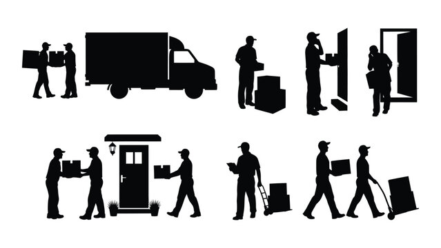 Set of moving service silhouettes depicting people and a delivery truck black and white silhouette high quality professional detailed modern elegant