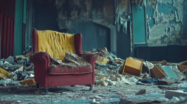 An old plush armchair sits amidst debris in the neglected lobby of an abandoned theater, evoking a sense of lost grandeur.