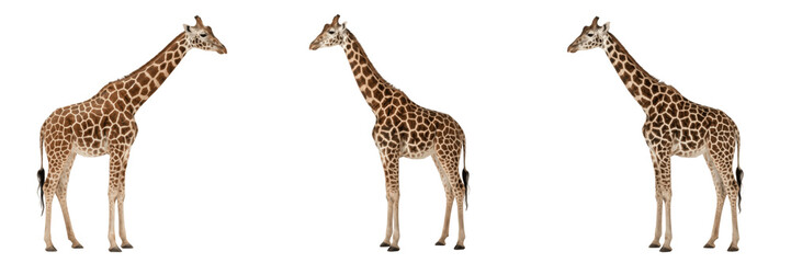 Obraz premium Tall African Giraffe Standing PNG, Wild Safari Animal, Savannah Creature Isolated on Transparent Background for Wildlife Posters.