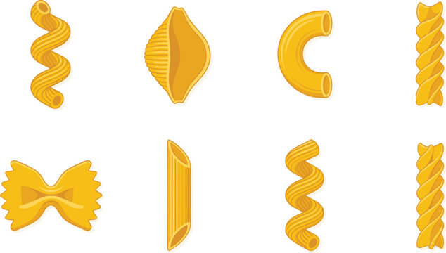 Collection of various dry pasta shapes featuring penne fusilli farfalle macaroni and conchiglie for traditional Italian cooking.