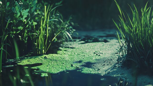 Dense green algae bloom forming vibrant patches on a tranquil pond surface with lush wetland vegetation in soft lighting.