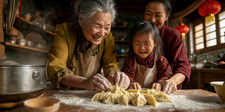 Caring grandmother teaches granddaughter how to make traditional dumplings in cozy kitchen ambiance