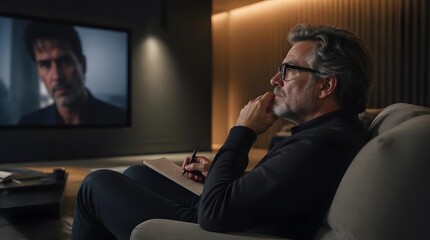 Obraz premium Stylish Man with Glasses Analyzing Scene on Tv in Cozy Living Room