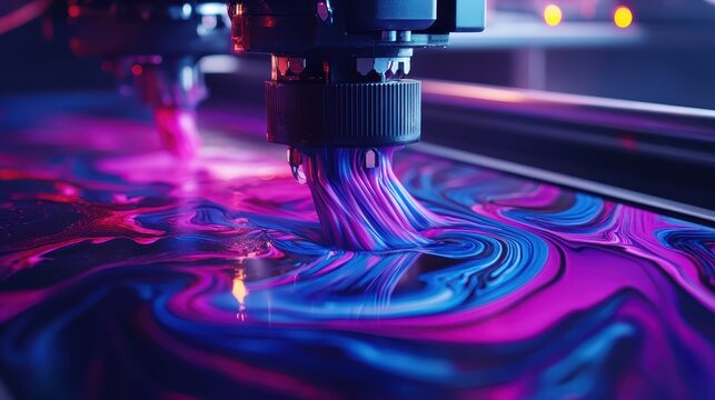 Close-up of an inkjet printing head depositing vibrant swirling liquid ink in a dynamic color transition