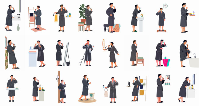 A set of illustrations showing a man in a grey bathrobe brushing his teeth in various bathroom settings for a morning routine.