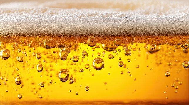 Close-Up View of Refreshing Beer Foam and Bubbles in a Glass Capturing the Golden Color and Effervescence of a Cold Beverage