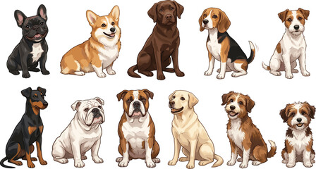 Diverse dog breed vector collection featuring cute illustrations of popular pets including corgi bulldog labrador and beagle. © Rakib