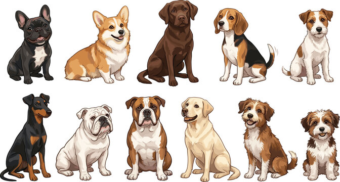 Diverse dog breed vector collection featuring cute illustrations of popular pets including corgi bulldog labrador and beagle.