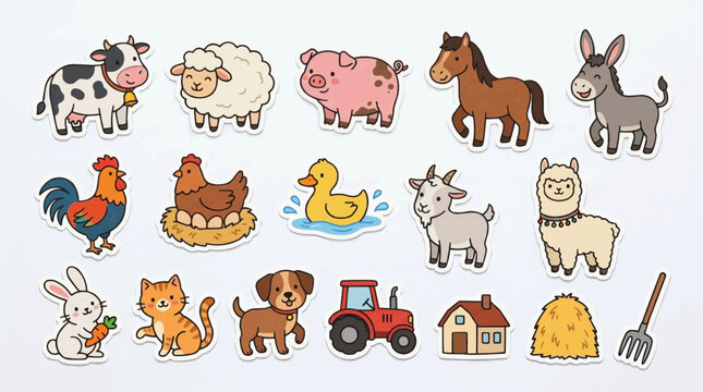Farm animals and farm tools isolated on transparent background