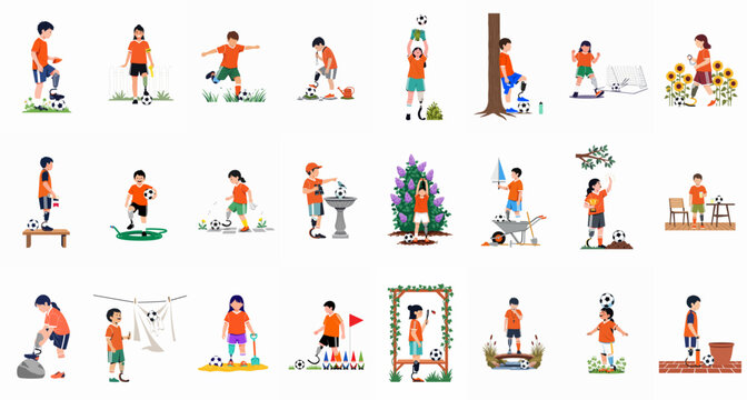 Diverse Collection of Illustrations Featuring Children with Prosthetic Legs Participating in Soccer and Various Outdoor Activities Promoting Inclusion and Empowerment.