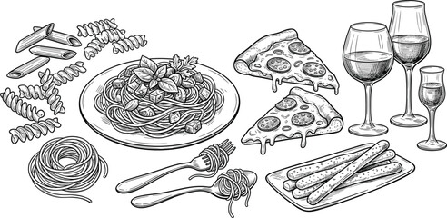 Hand drawn sketch of Italian cuisine dinner with pepperoni pizza slices pasta spaghetti wine glasses and tasty food. © Rakib