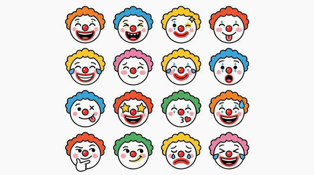 Clown emojis with various expressions on a white background